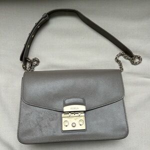 Gray Leather Furla Handbag with Chain Strap